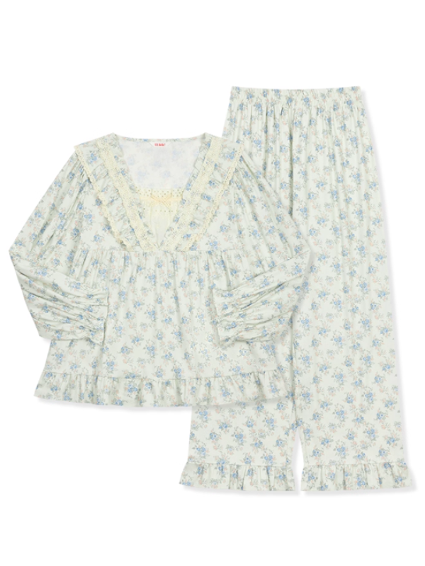 Blue Garden Lace Ruffle Pajama Set