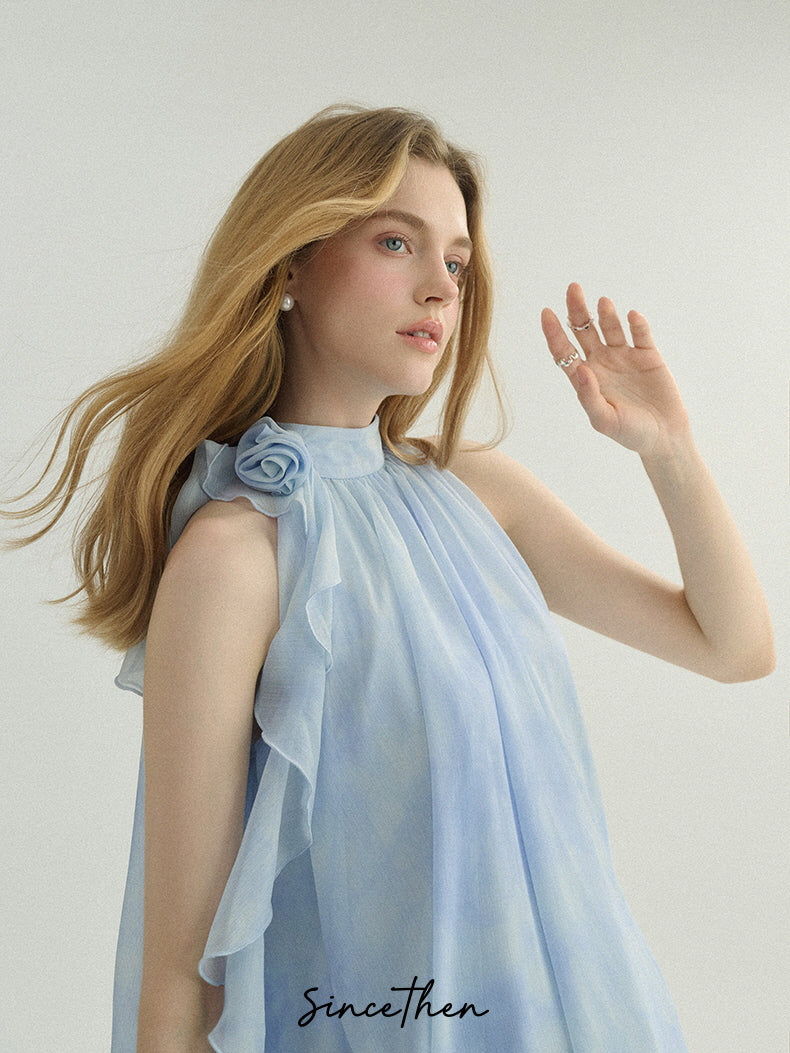 Ethereal Blue Ruffle Rose Halter Top