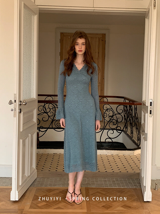 Sapphire Lace Bell Sleeve Dress