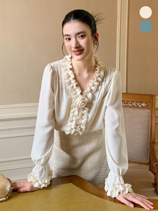 Ivory & Mint Ruffle Rose Blouse - Vintage Long Sleeve Top