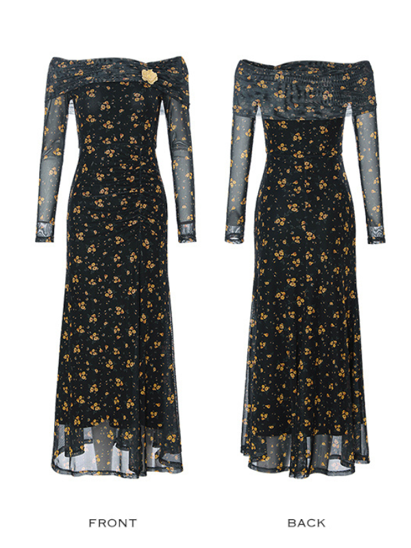 Midnight Blossom Off-Shoulder Mesh Dress