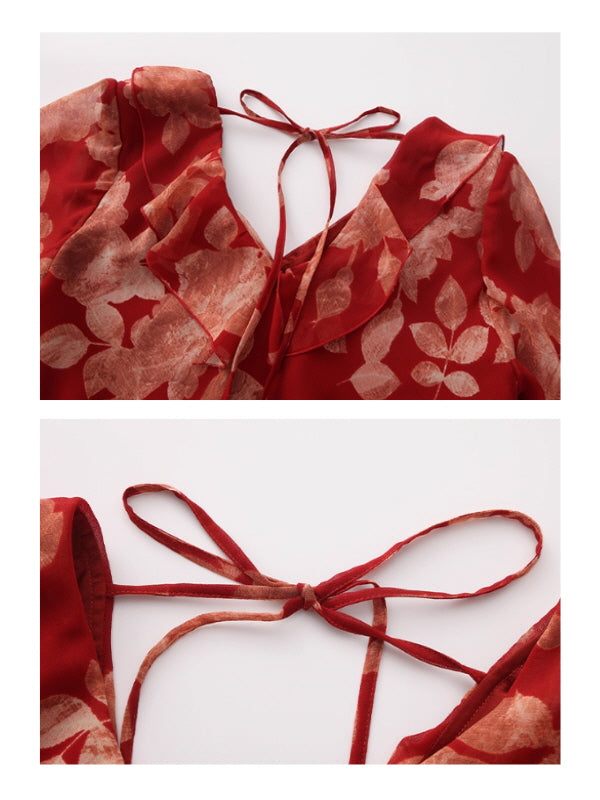 Scarlet Bloom Ruffle Chiffon Dress