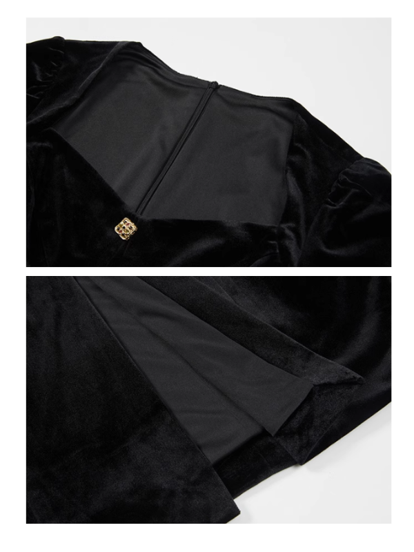 Elegant Black Velvet Dress with Gold Accents