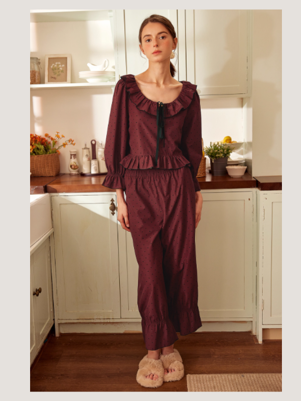 Wine Ribbon Ruffle Vintage Loungewear Set
