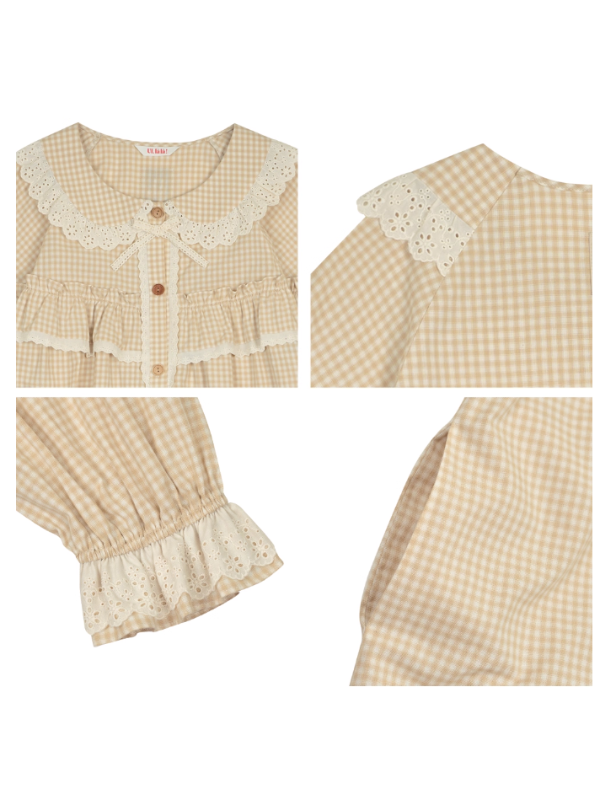 Beige Gingham Lace Ruffle Nightgown
