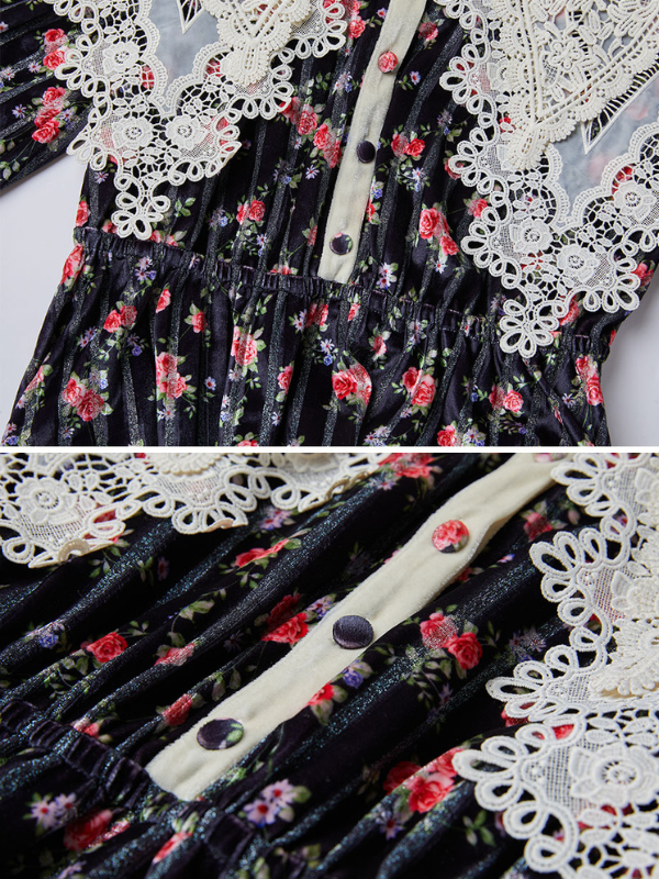 Velvet Rose Lace Collar Cottagecore Dress