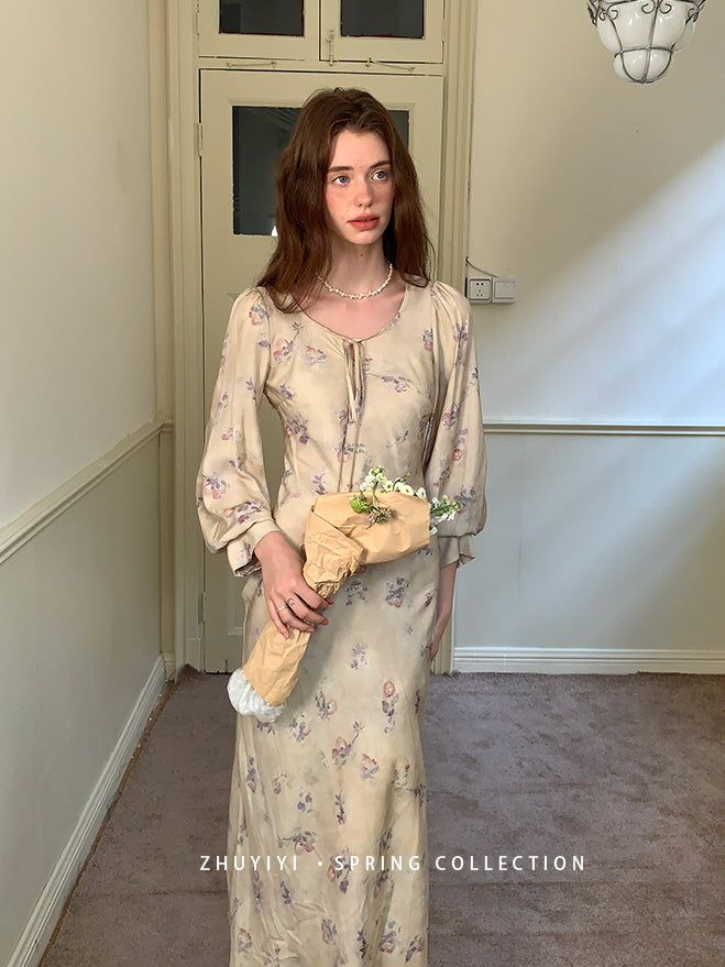 Vintage Bloom Sheer Sleeve Dress