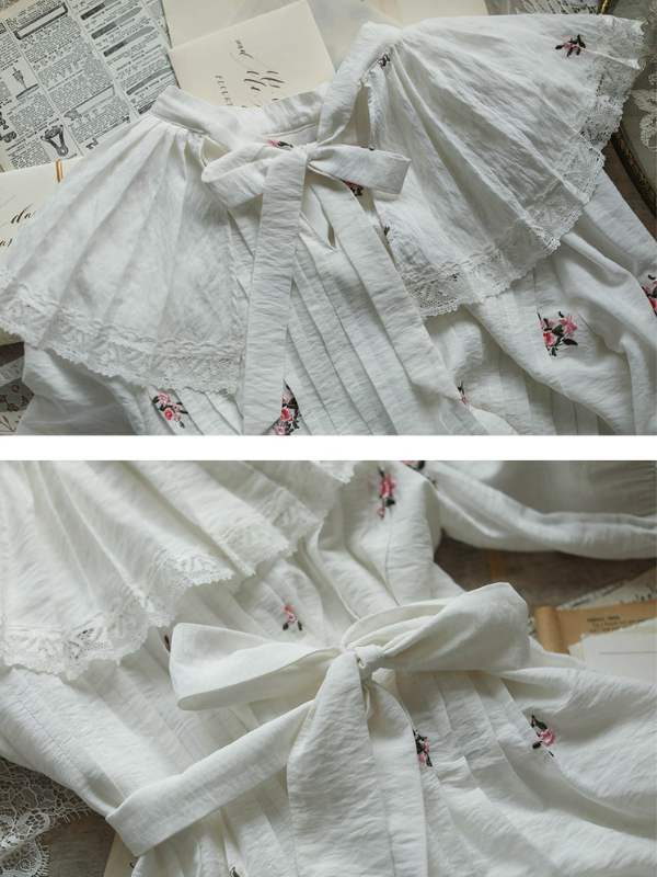 Floral Embroidery Vintage Ruffled Cotton Dress