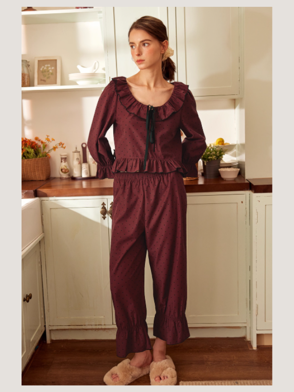 Wine Ribbon Ruffle Vintage Loungewear Set