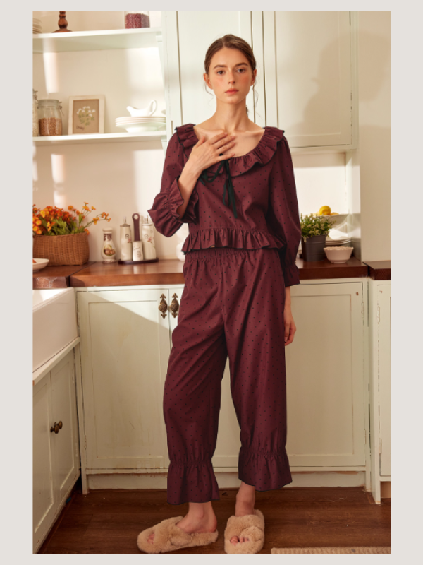 Wine Ribbon Ruffle Vintage Loungewear Set