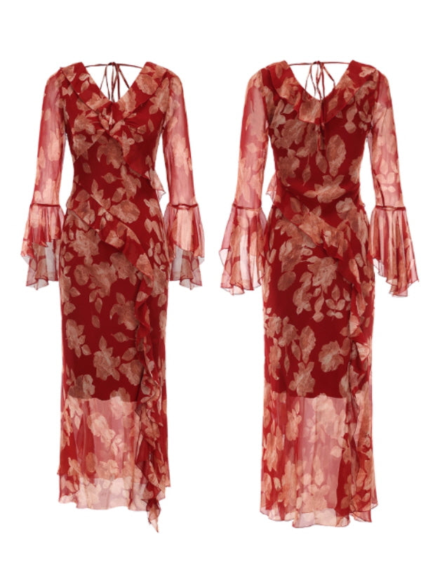 Scarlet Bloom Ruffle Chiffon Dress