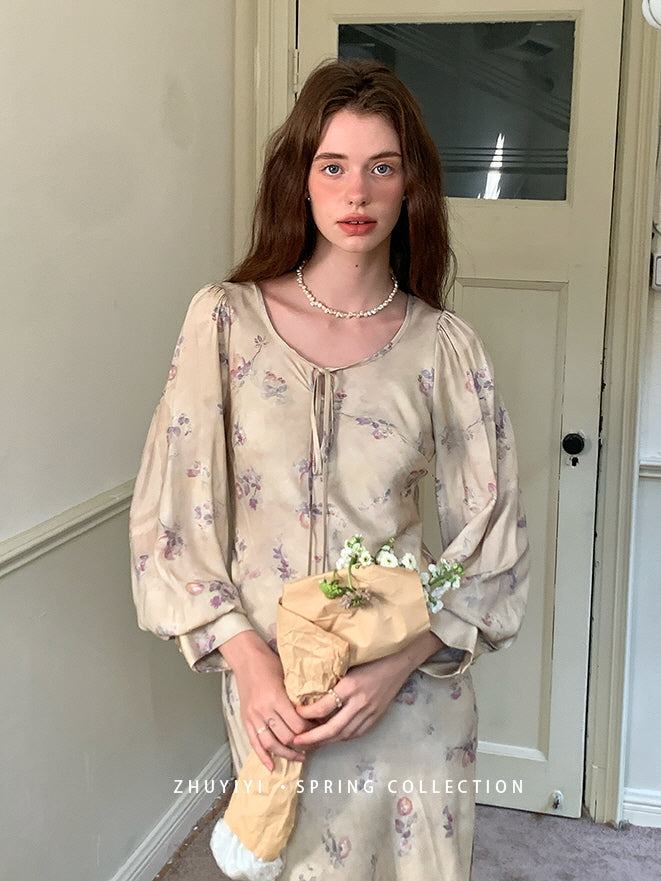 Vintage Bloom Sheer Sleeve Dress