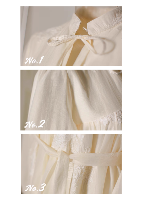 Close-up view of a fairytale-inspired vintage dress, featuring delicate ribbon tie detail at the neckline and soft gathers, highlighting fantasy aesthetic outfits.