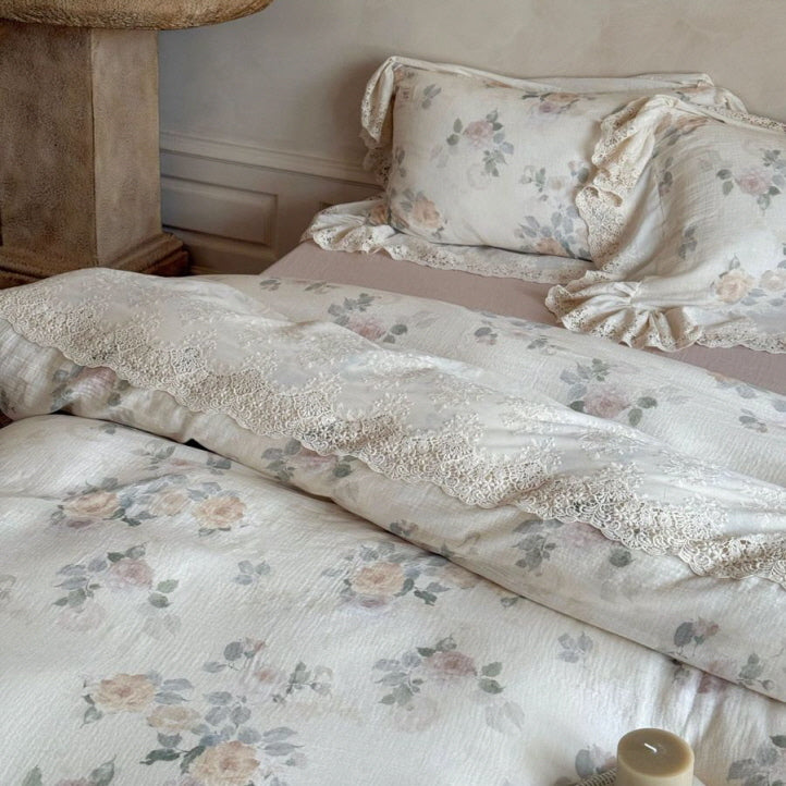 Vintage Rose Lace Trim Bedding Set