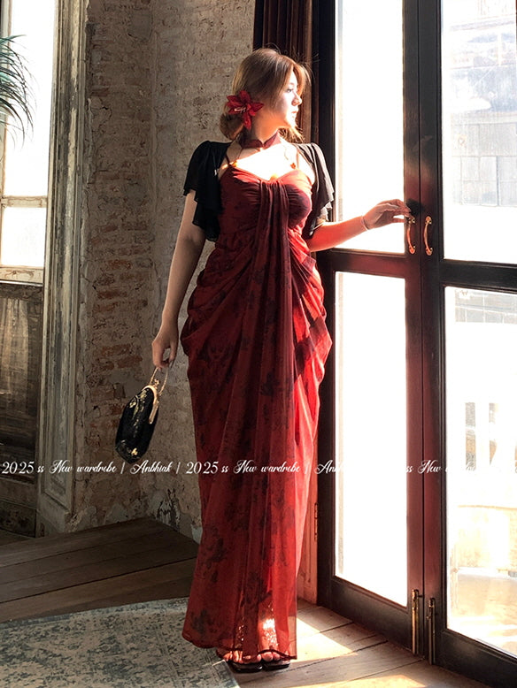 drape red dress Crimson Red Drape Dress with Choker & Shawl