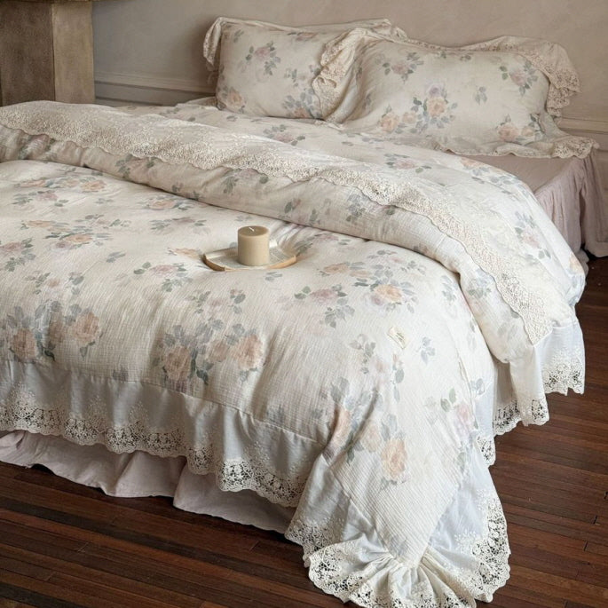 Vintage Rose Lace Trim Bedding Set