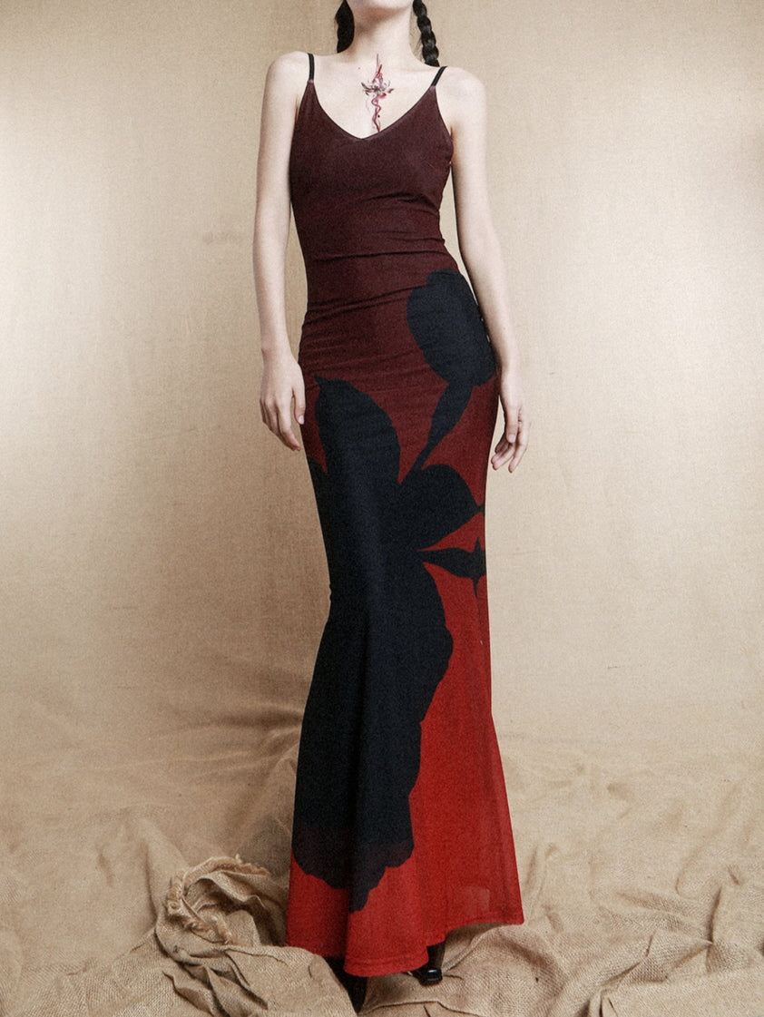 Crimson Shadow Bloom Slip Dress