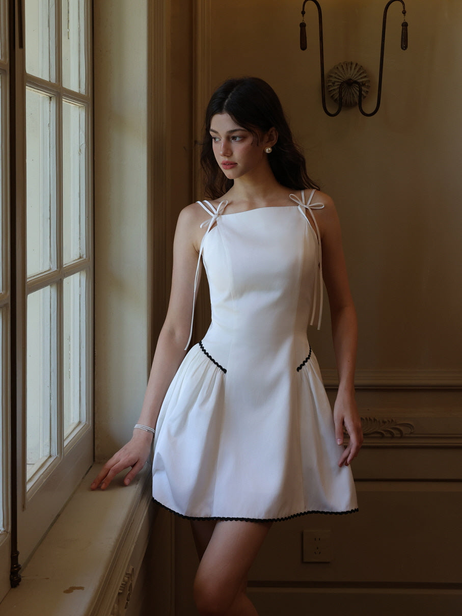 White Ribbon-Shoulder Mini Dress - Coquette Aesthetic Outfit