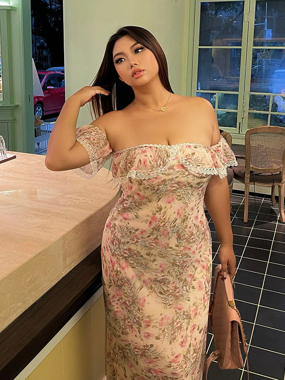 hint of blush off the shoulder dress Blush Floral Off-Shoulder Dress with Lace – Romantic Cottagecore Outfit