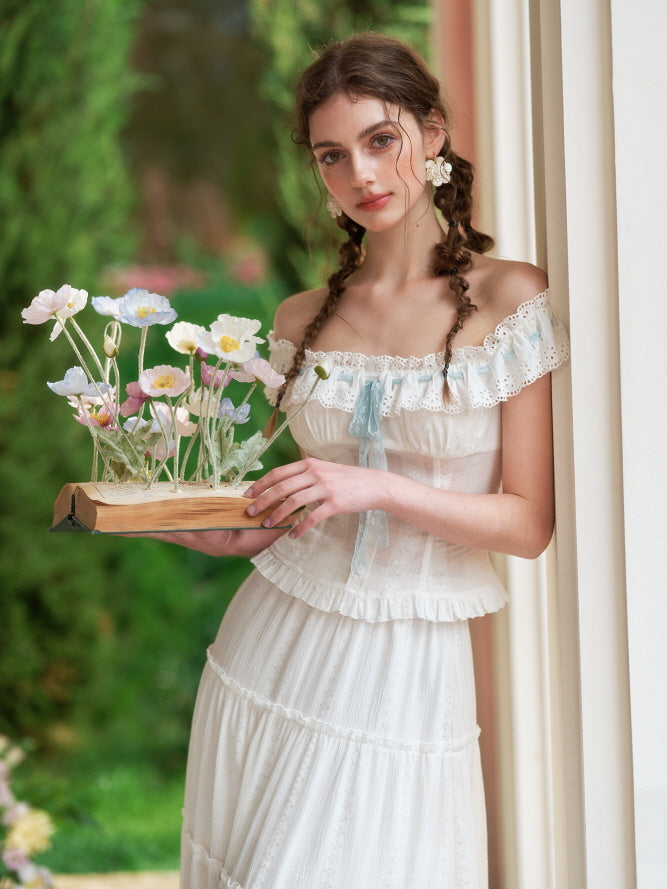 poses for off shoulder dress Off-Shoulder Ribbon Corset Top & Tiered Skirt