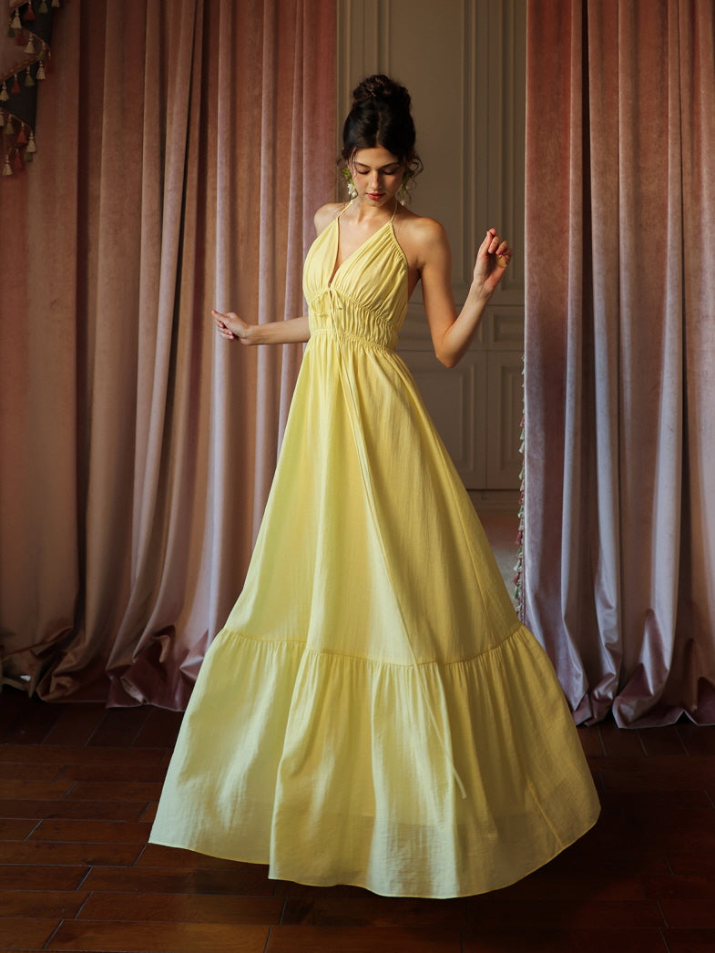 Lemon Bloom Backless Maxi Dress - Fairy Princess Aesthetic Outfit Yellow / S Lemon Bloom Backless Maxi Dress - Fairy Princess Aesthetic Outfit Yellow / S