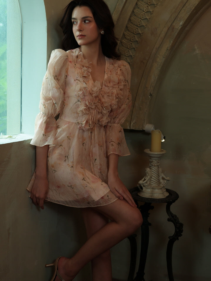 pink beauty bouquet puff sleeve mini dress Blush Bloom Garden Ruffle Mini Dress
