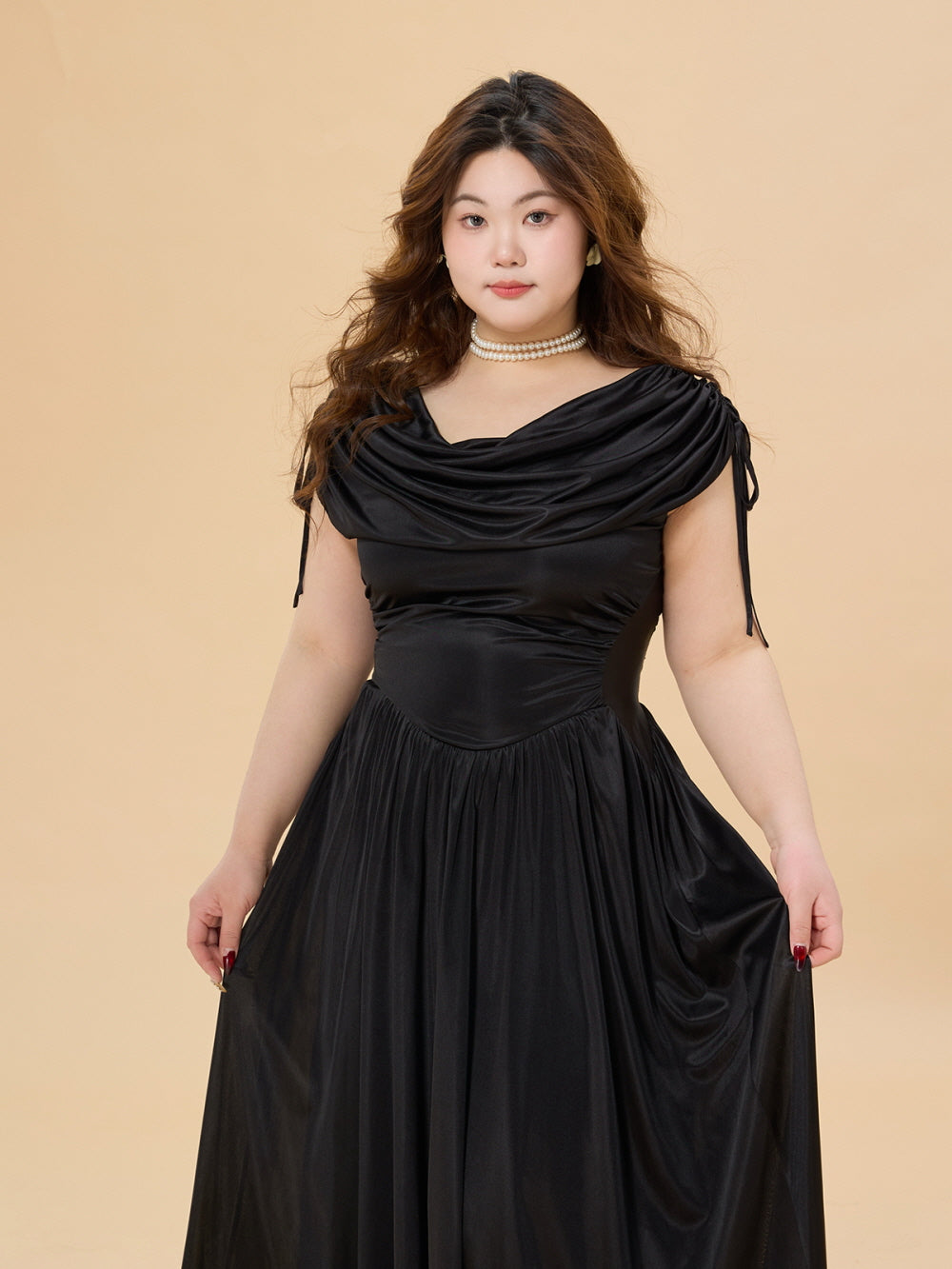 Plus Size Black Satin Dress with Draped Shoulders – Gothic Princesscore  Aesthetic