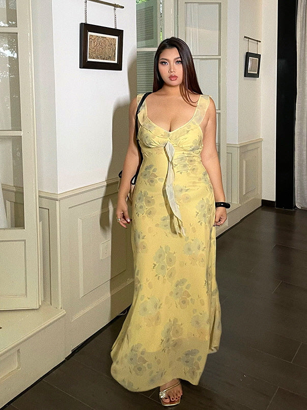 Plus Size Yellow Floral Tie-Front Dress – Romantic Summer Look