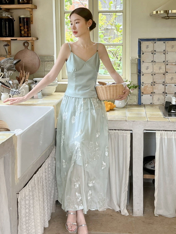 cottagecore tulle dress Light Green Tulle A-line Midi Appliques Homecoming Dress