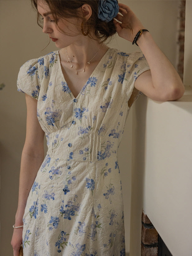 A dreamy cottagecore-inspired dress with blue floral embroidery, delicate button details, and a flattering V-neckline. Soft, vintage aesthetic.