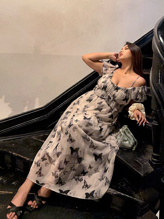 Butterfly Print Off-Shoulder Dress – Fairycore Chiffon Gown 2XL
