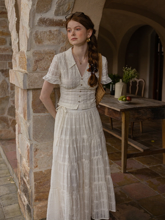 Vintage Textured Cotton Blouse & Skirt