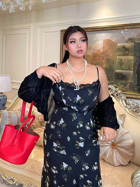 Midnight Bloom Lace Trim Floral Dress