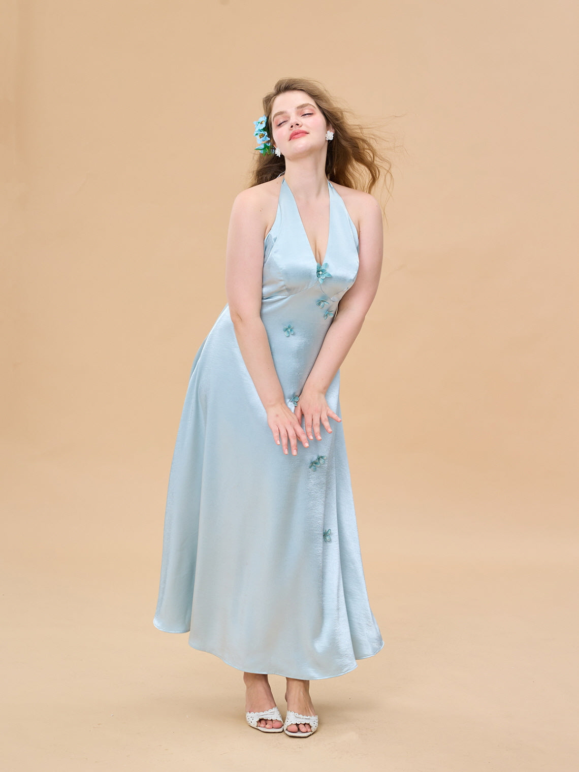 Ocean Bloom Satin Halter Dress