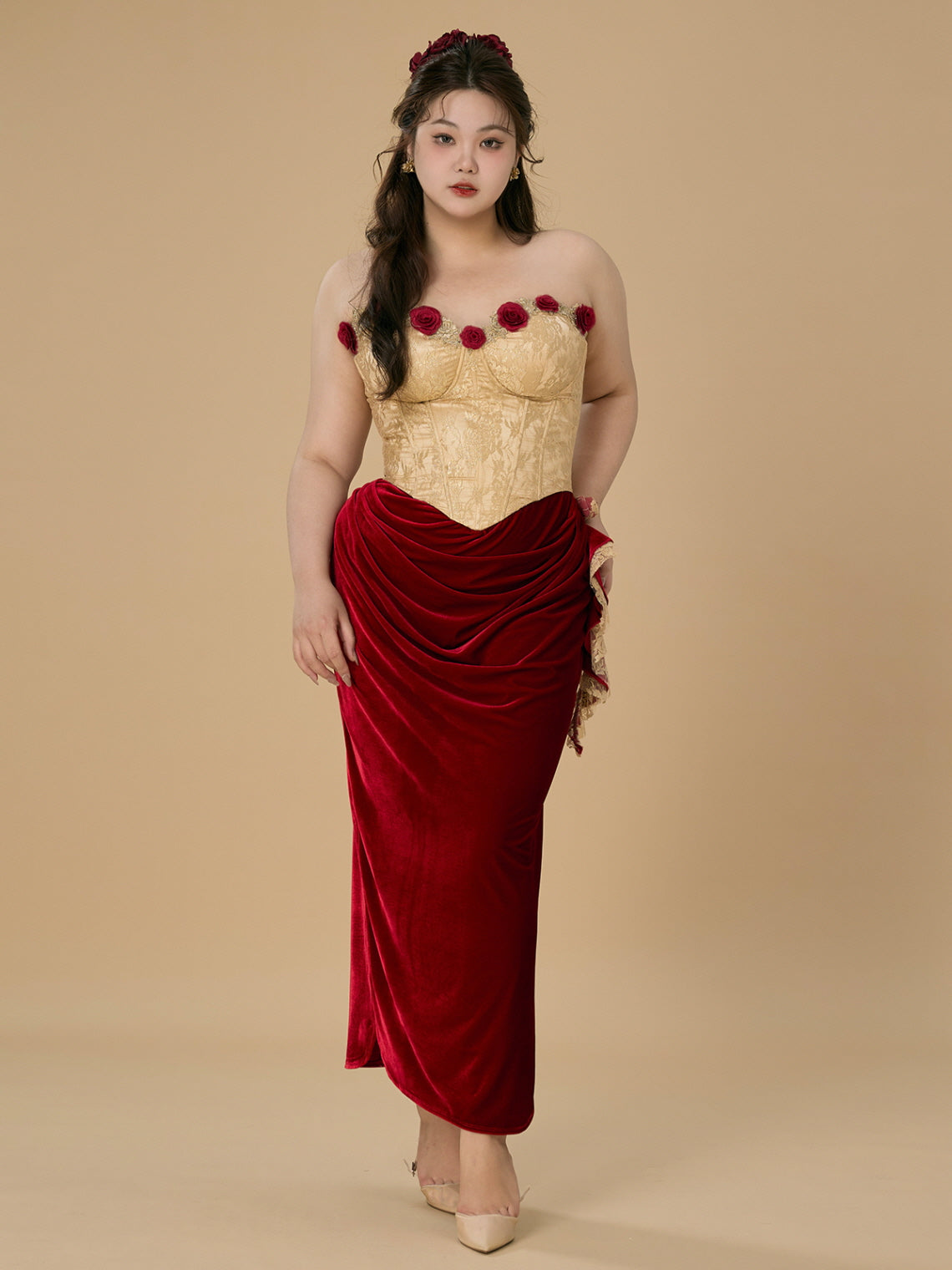 Plus Size Gold Corset Red Velvet Dress Rose Detail Fairycore Gown Plus Size Gold Corset Red Velvet Dress Rose Detail Fairycore Gown