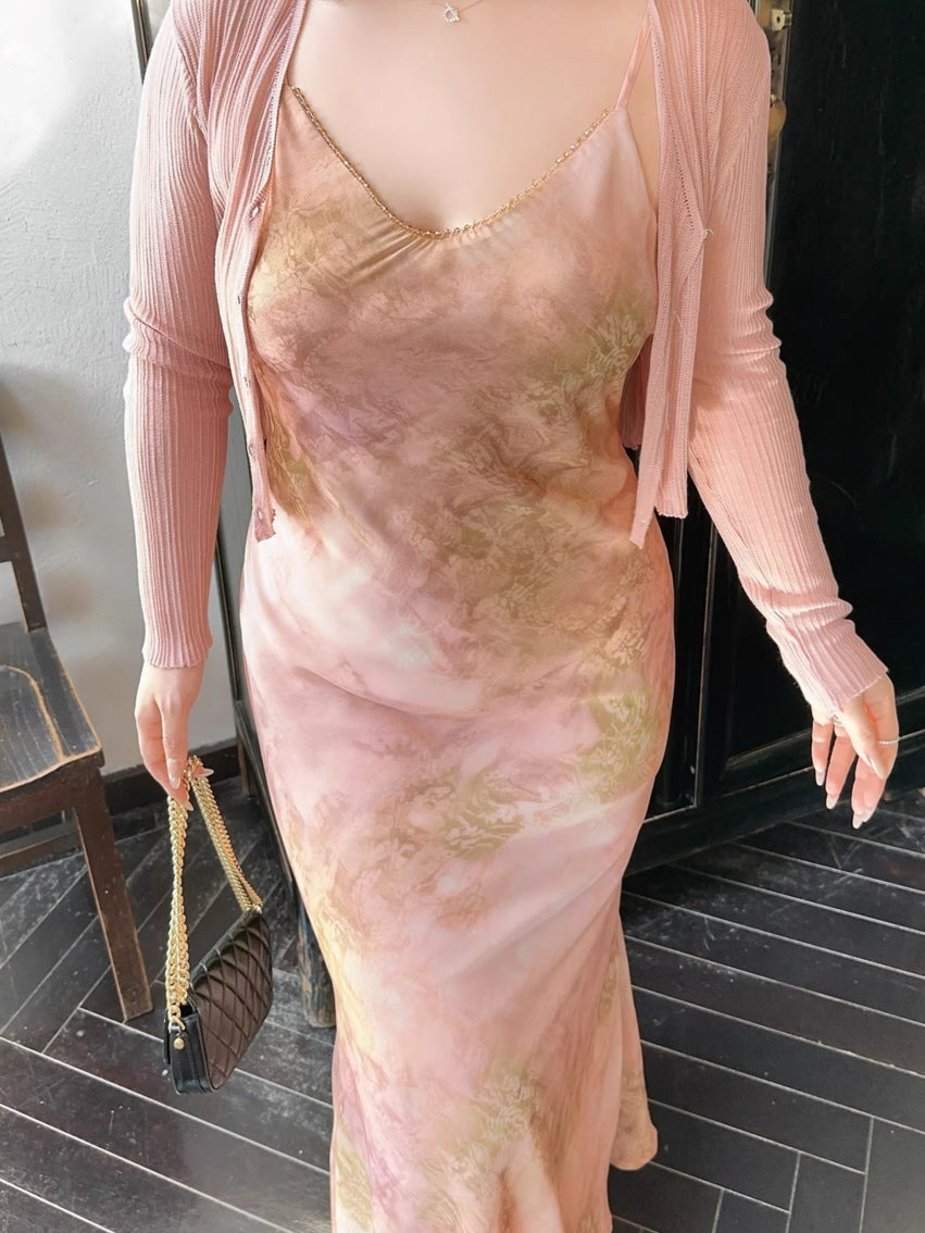 Plus Size Blush Watercolor Beaded Slip Dress