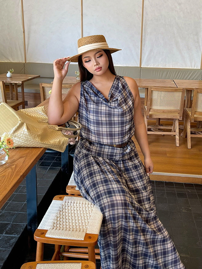 Vintage Check Sleeveless Top & Maxi Skirt Set