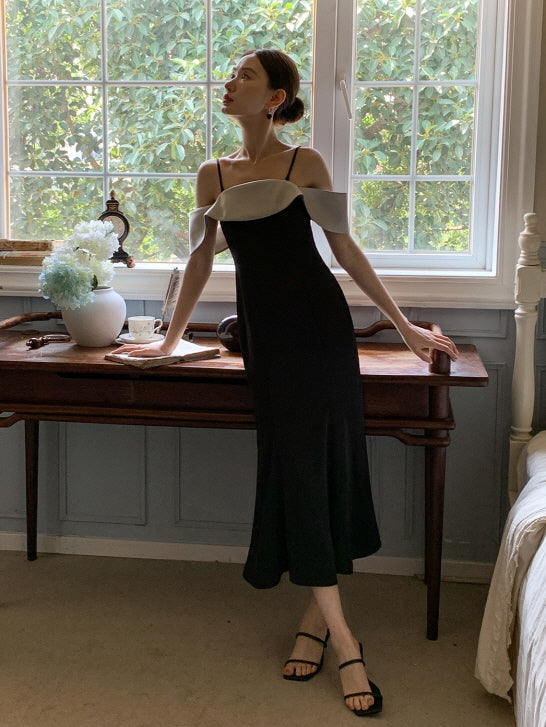 Black Ruffle Satin Neckline Dress