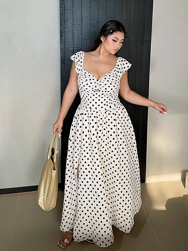 Polka Dot Ruffle Slit Dress  Plus Size Cottagecore Aesthetic Outfit L