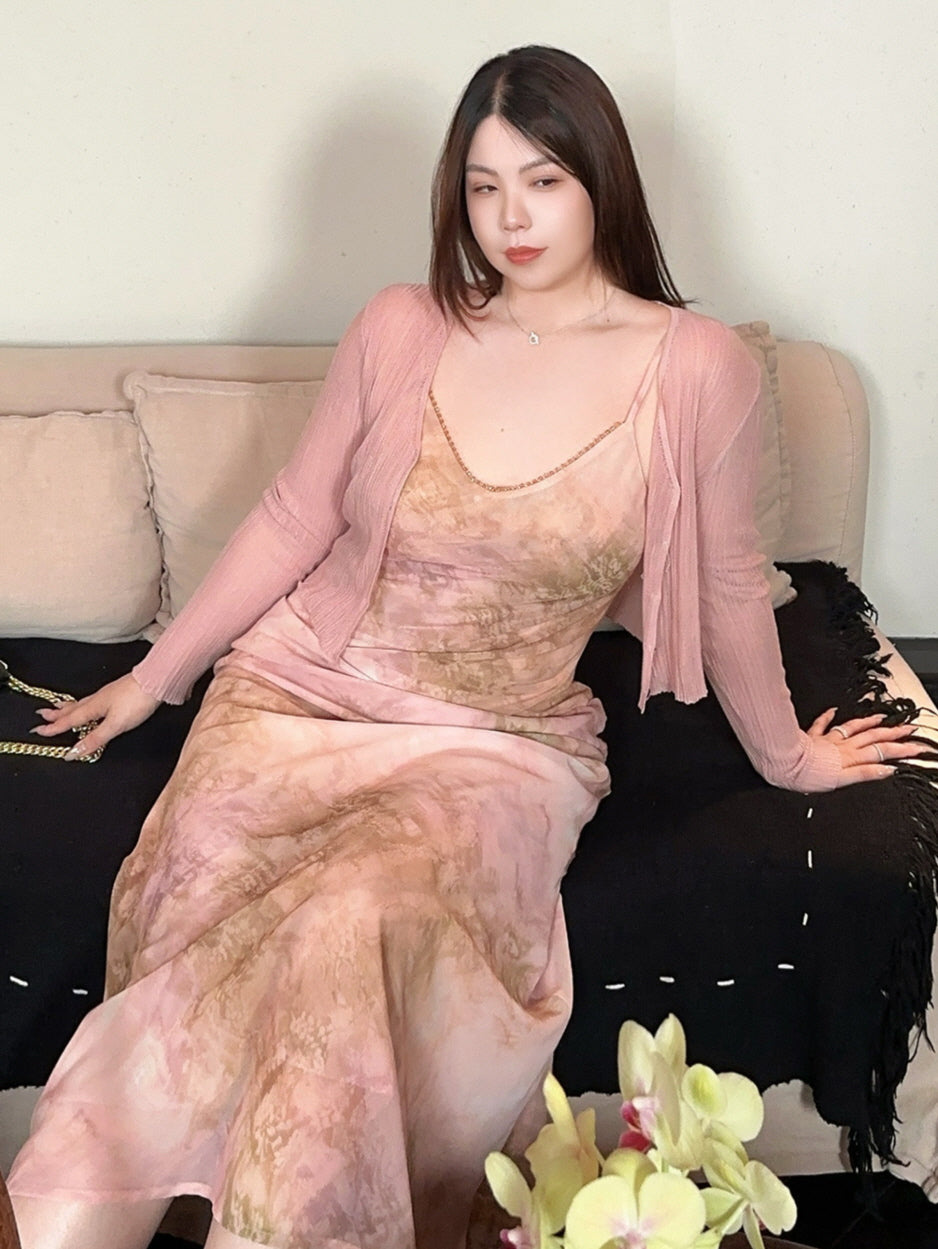 Plus Size Blush Watercolor Beaded Slip Dress