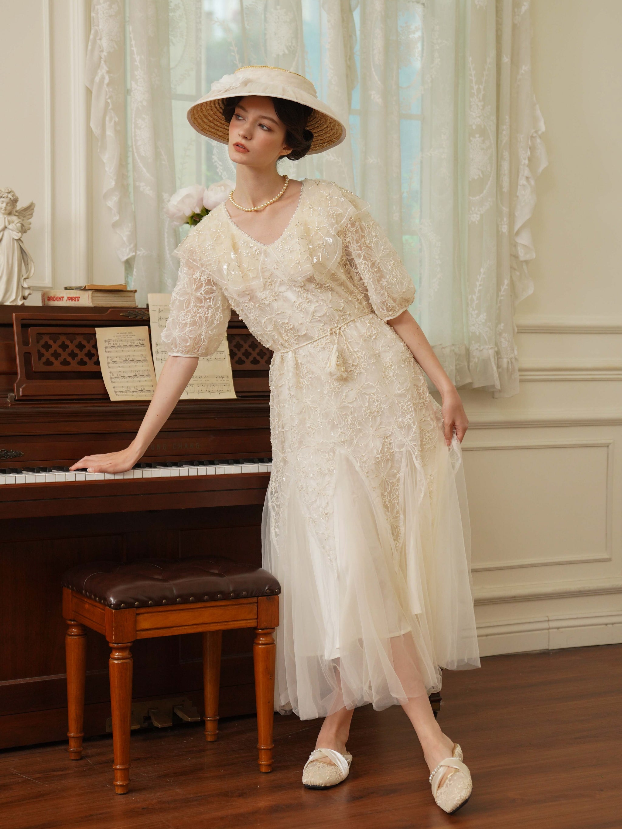 Ivory Embroidered Lace Dress - Vintage Princesscore Aesthetic Outfit Ivory / Free