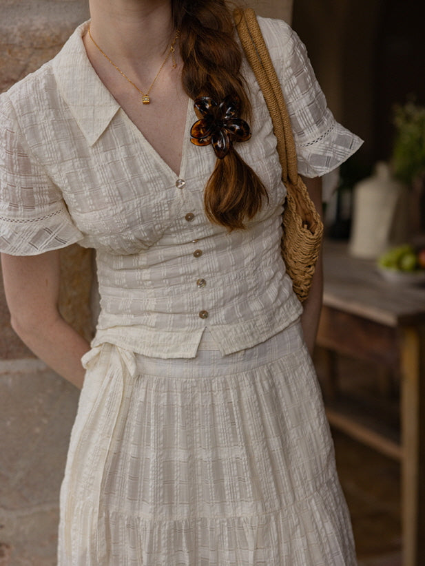 Vintage Textured Cotton Blouse & Skirt