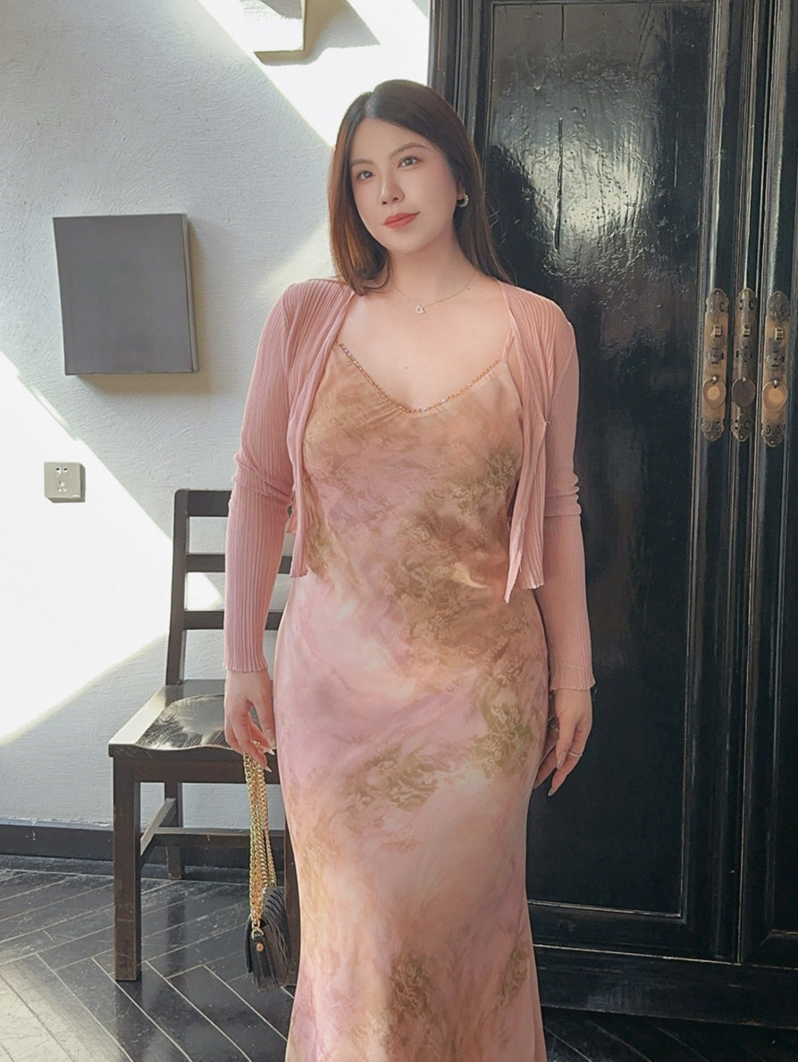 Plus Size Blush Watercolor Beaded Slip Dress
