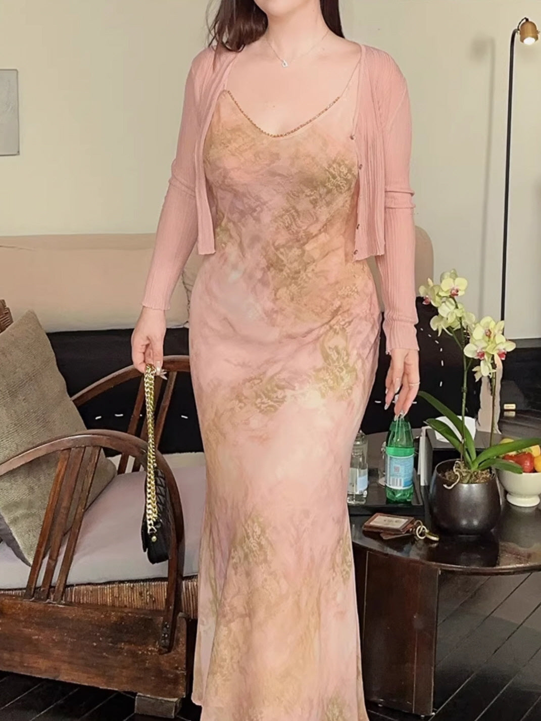 Plus Size Blush Watercolor Beaded Slip Dress Vintage-Inspired Fairycore Aesthetic Outfit Dress / 3XL Plus Size Blush Watercolor Beaded Slip Dress Vintage-Inspired Fairycore Aesthetic Outfit Dress / 3XL
