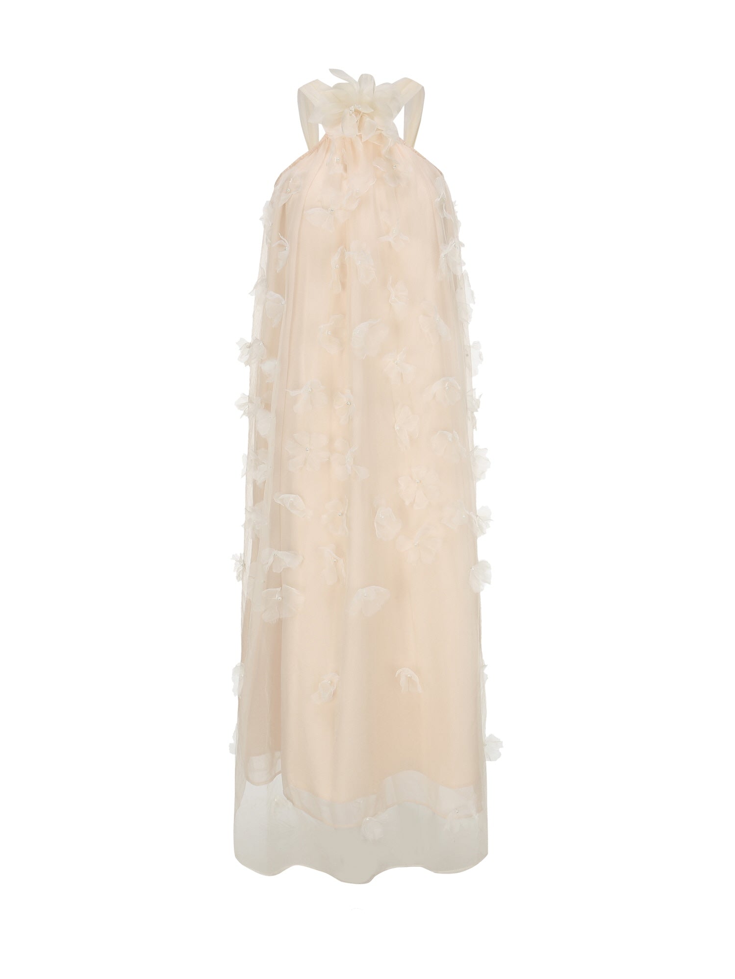 Flat lay of a sheer beige halter dress with layered 3D floral appliqués and a large bow at the neckline, perfect for romantic fairycore styling.