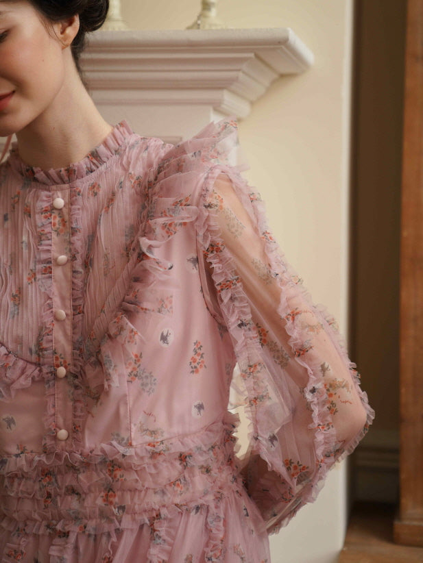 Close-up of a sheer pink fairycore dress with delicate ruffle trim and dainty floral patterns, highlighting vintage-inspired romantic details.
