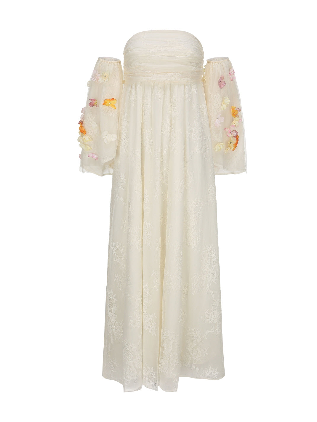 A delicate ivory off-shoulder lace dress with sheer floral sleeves is displayed against a white background. Romantic Fairytale aesthetic.