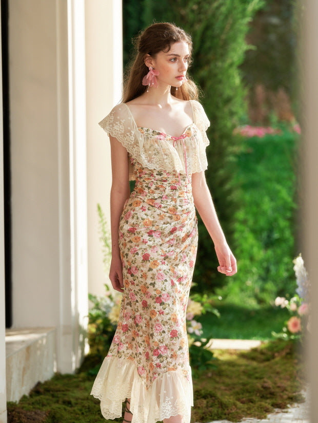 A young woman walks gracefully in a vintage floral dress with ruffled lace sleeves and a soft ivory hem, evoking a romantic princesscore mood.