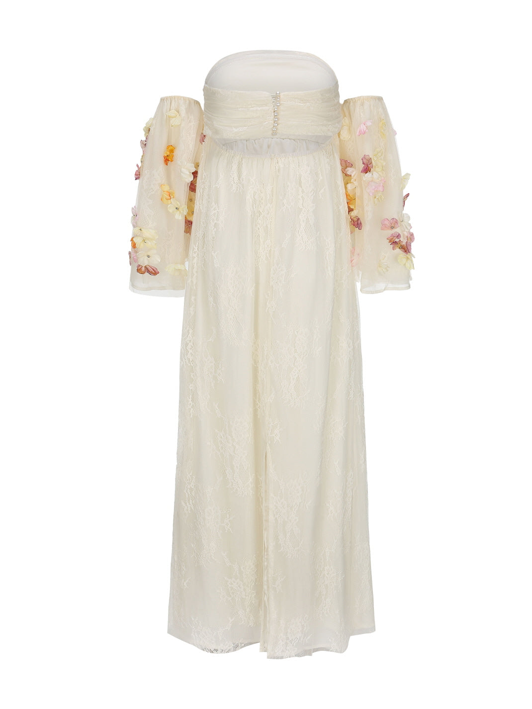 Back view of an ivory lace dress with pearl-button closure and layered floral sleeves. Fairycore-inspired piece from Romantic Fairytale.