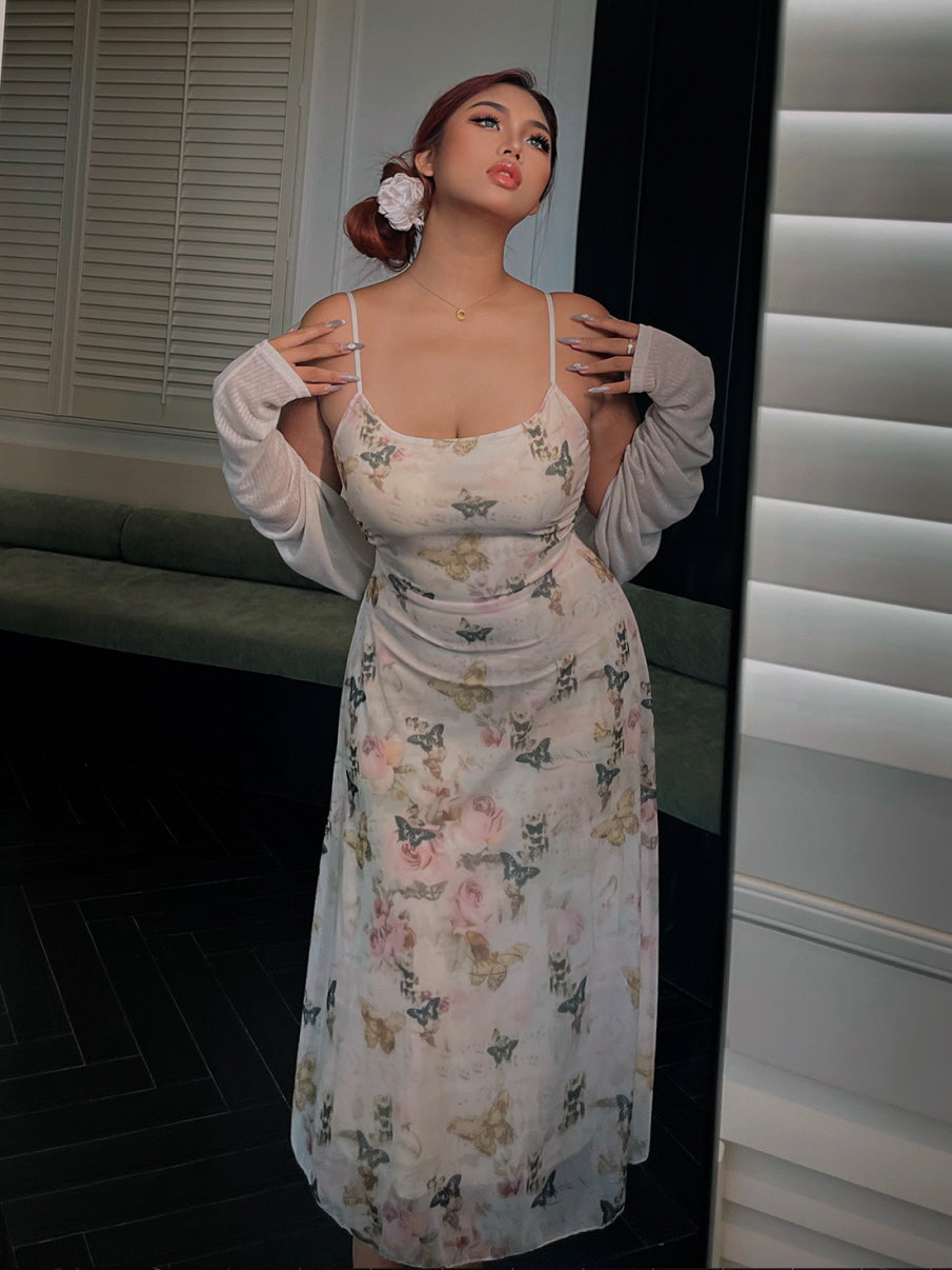 Curvy Butterfly Slip Dress - Floral Mesh Layer